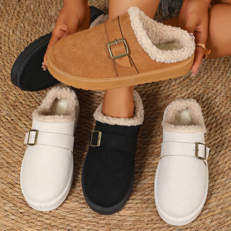 Autumn and Winter Fashion Retro Slippers for Outer Wear Cotton Half Slippers 2025 Warm and Comfortable Buckle Women's Cotton Shoes Snow Boots Wholesale