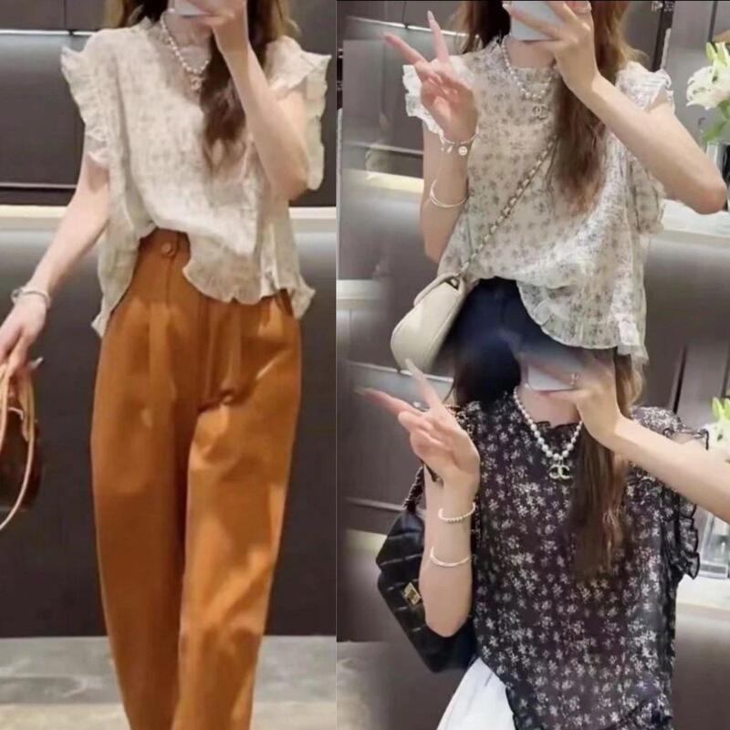 Floral Sleeveless Shirt 2026 Summer Women's Round Neck Lace Collar Design Thin Blouse Stylish Versatile Fashion Top