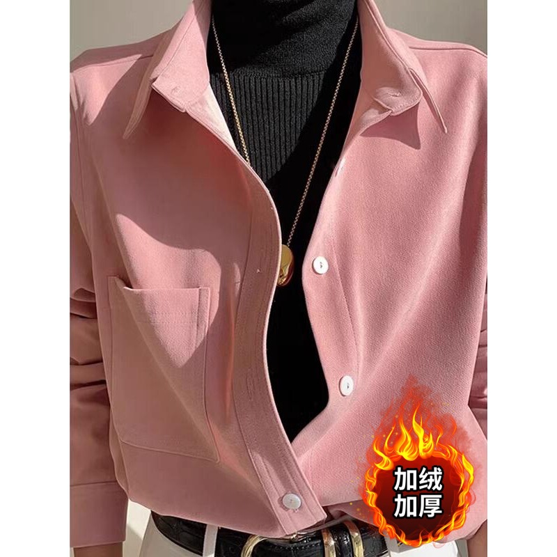 Corduroy Pink Shirt Women's Long-Sleeved Autumn and Winter Casual Layered Fleece-Lined Brushed Shirt Jacket High-End Top