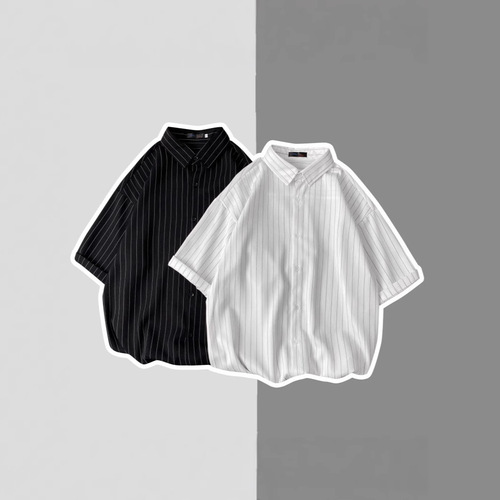 Striped Shirt for Men - Summer Hong Kong Style, Japanese Casual Loose Vertical Striped Collar Shirt, Korean Version Trendy Short Sleeve Shirt for Men