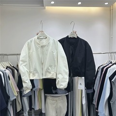 韩版纯色拼接袖百搭宽松小个子短外套2025春季新款棒球服女米白色