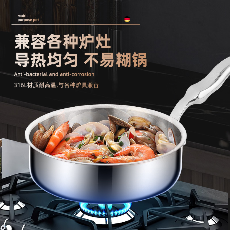 316 de acero inoxidable nuevo engrosada sartén sin recubrimiento brillante sartén antiadherente Cocina de Inducción de grado alimenticio adecuado