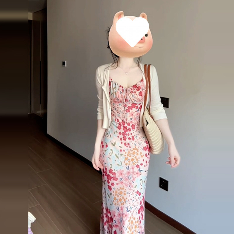 Cross-Border Tea Break French-Style Pink Floral Spaghetti Strap Dress for Women, Summer, New Autumn 2023, Elegant Bodycon Long Dress