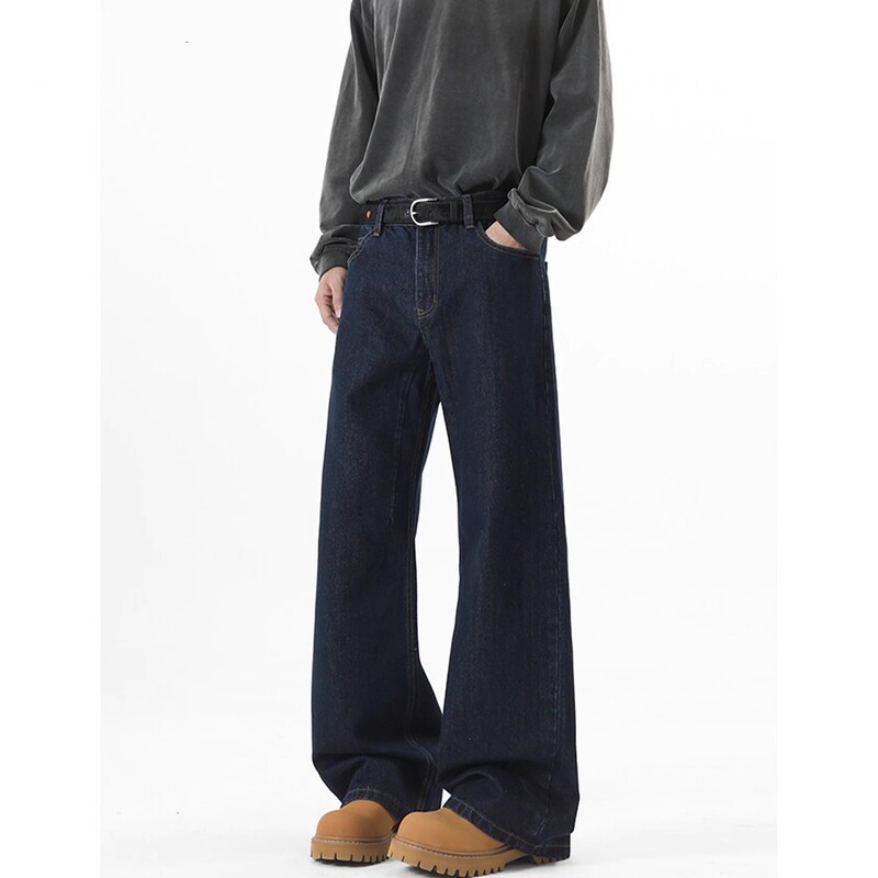 Denim Original Color Wide-Leg Jeans Men's Autum American High Street Loose Pants Cleanfit Washed Floor-Length Pants