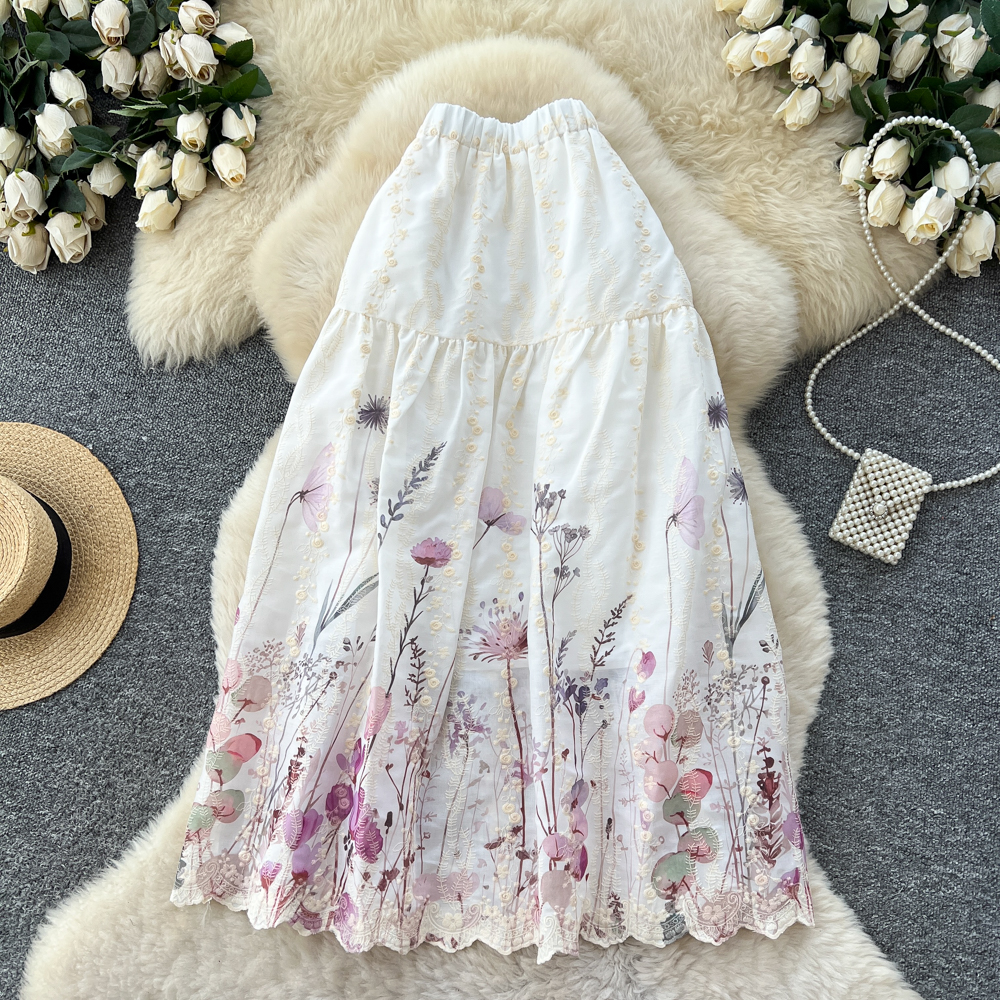 Women's French Sweet Style Floral Print Patchwork A-Line Midi Skirt High Waist Slimming mid Length Summer Fairy like Cake Skirt_ecoleips.com
