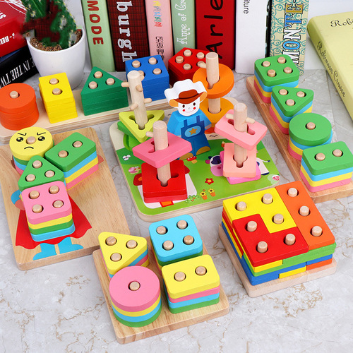Five sets of puzzle early education columns, baby geometry intelligence board, shape matching building block toys, teaching aids for young children's enlightenment