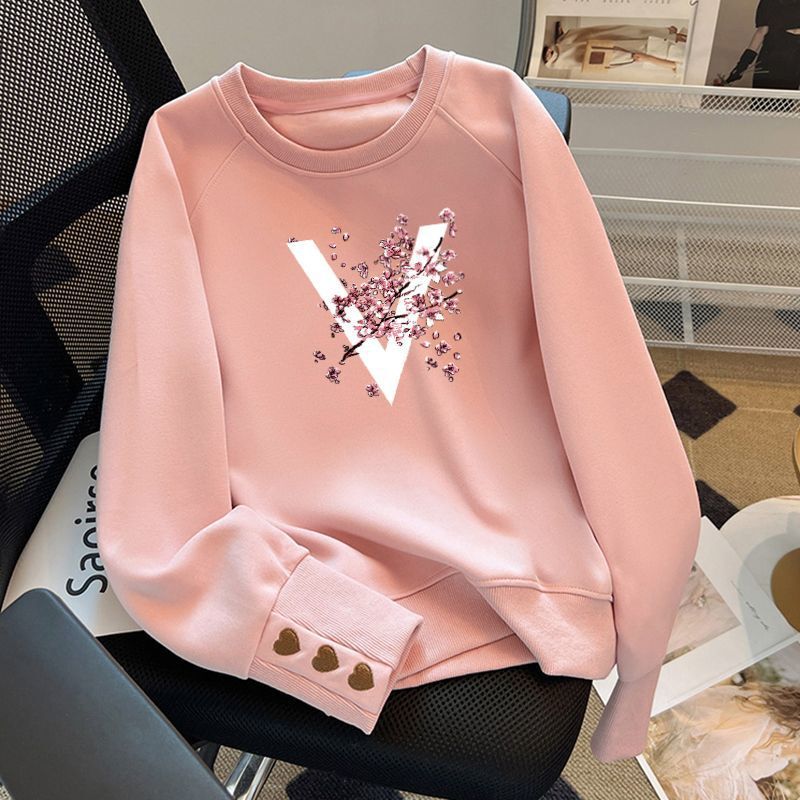 Long-Sleeved Round-Neck Sweatshirt for Women, Autumn and Winter 2024, Versatile, Age-Reducing, Fleece-Lined, Thickened Top, Trendy, Fleece-Lined, Warm