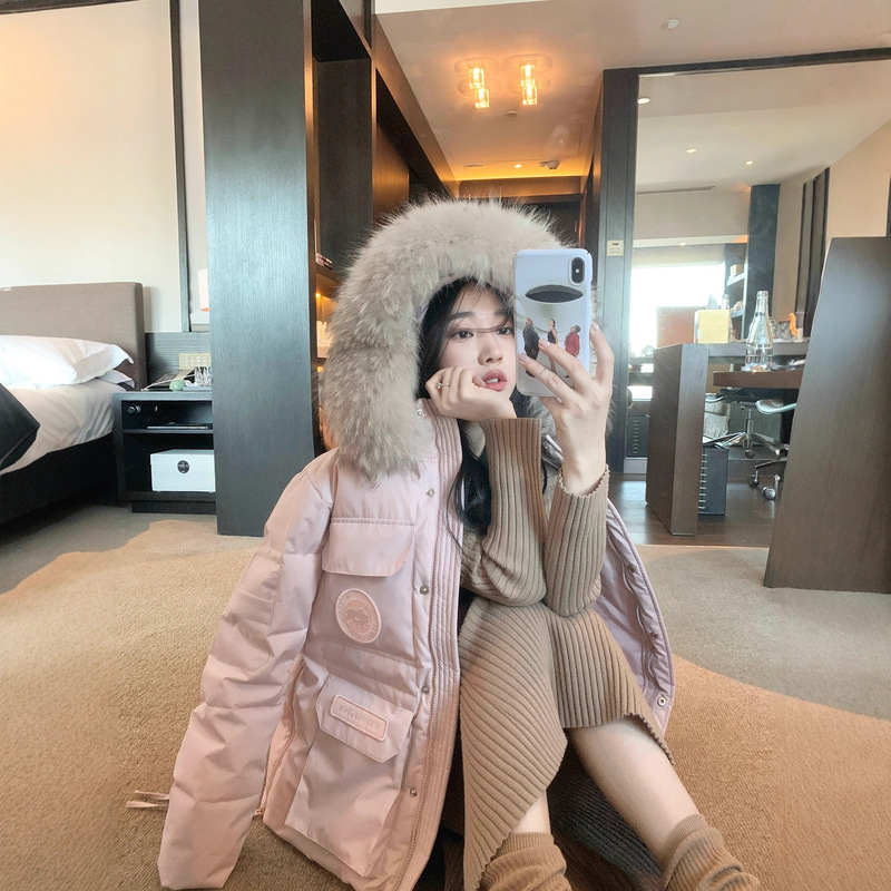 2025 New Winter Hooded Large Fur Collar Workwear Parka down Jacket Women's Mid-Length 90 White Duck down Loose Jacket