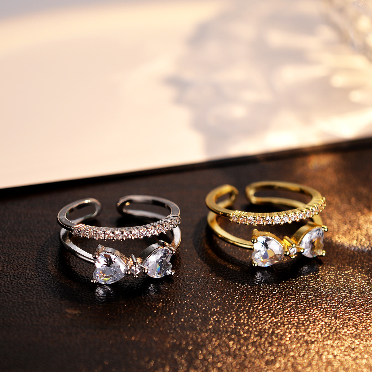 Heart-Shaped Bow Double-Layer Diamond-Studded Open Ring for Women, Index Finger Ring, Fashionable and Unique New Trendy Versatile Fashion Ring