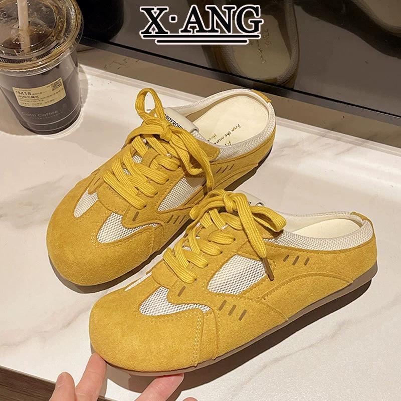 Кожа выше, моральная обувь женская голова, половинная тапочка, летняя надевание 2025 новая ленивая женская обувь