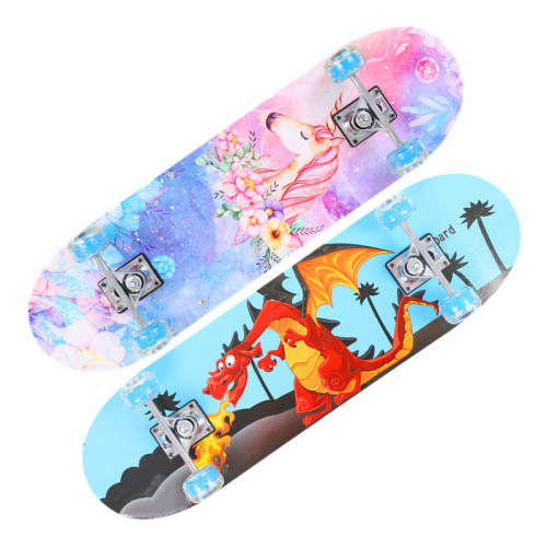 Wholesale Manufacturer Beginner Four-Wheeled Maple 2808 Youth Double Kick Skateboard Children PVC Glitter Wheels Skateboard