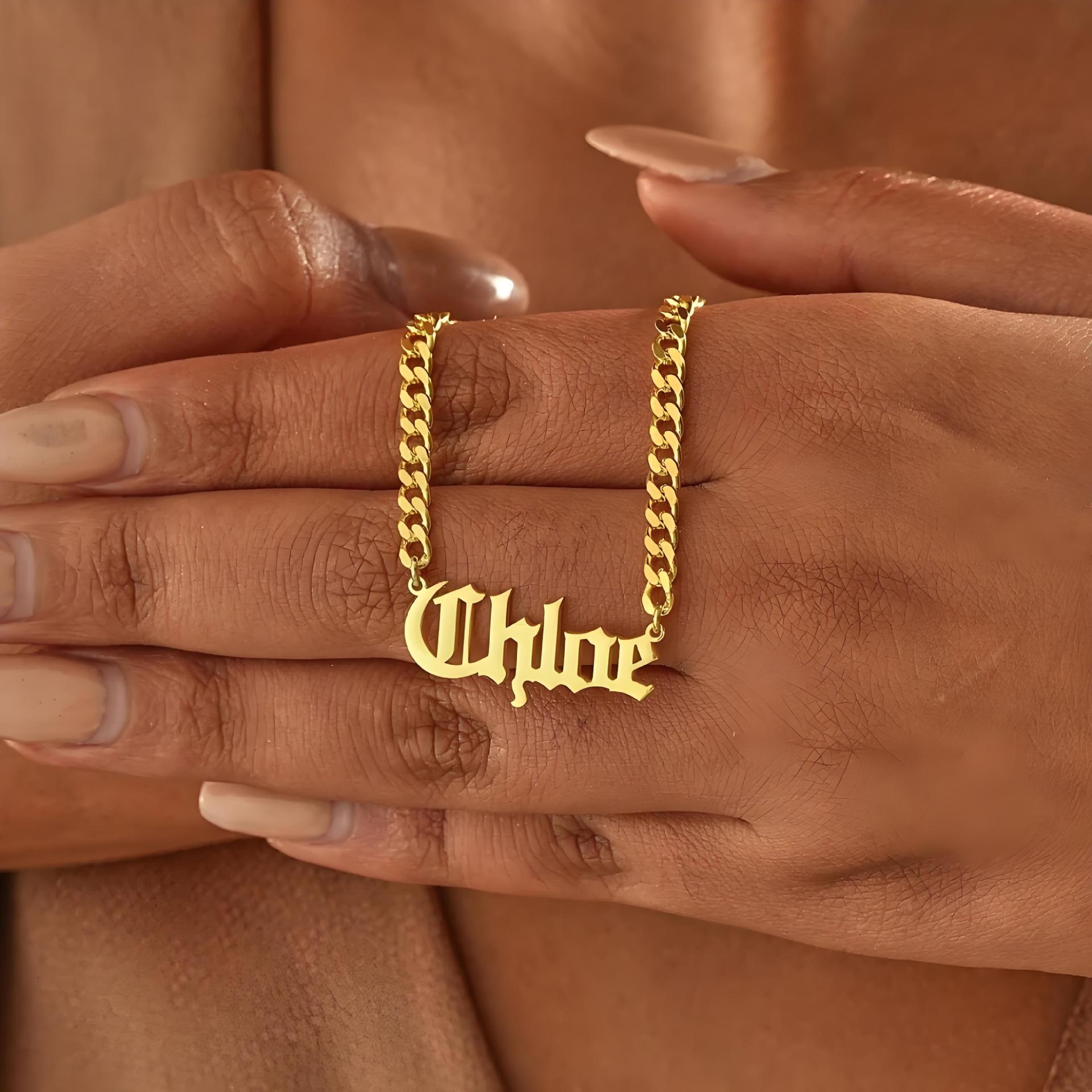 Personalised Old English Name Necklace Cuban Chain Stainless Steel_voghion.com