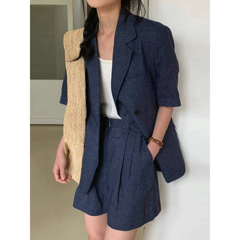 Корейский шикарный летний ретро-костюм: тонкий жакет с короткими рукавами + широкие плиссированные шорты с высокой талией, комплект из двух предметов