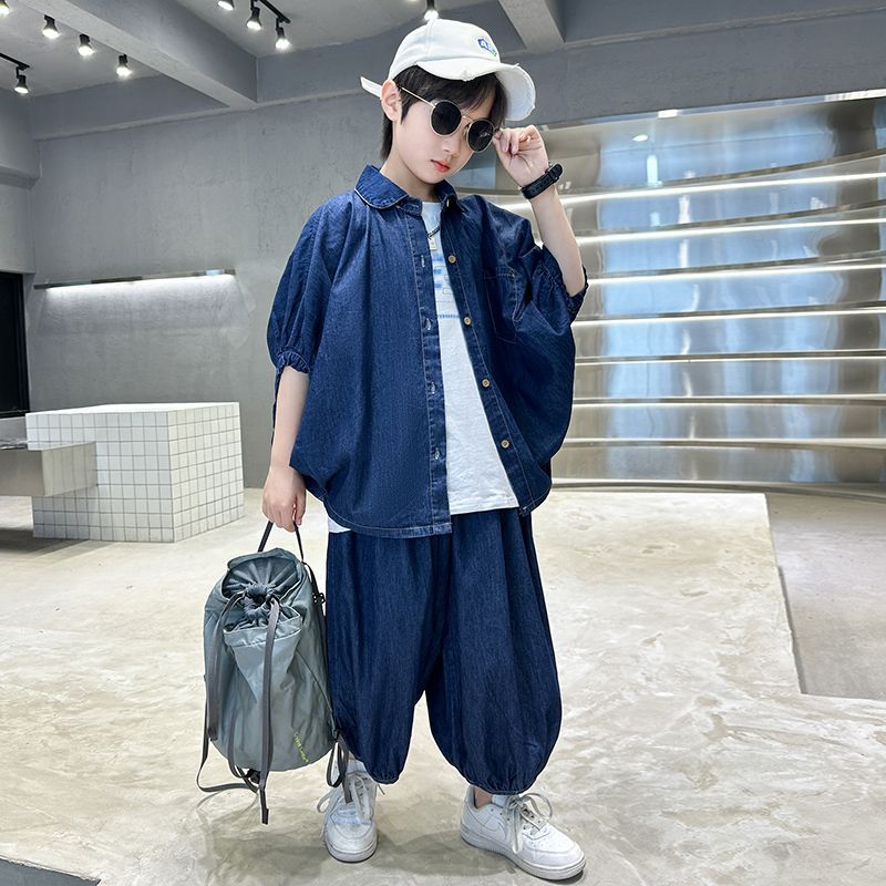 男童秋夏季牛仔衬衫套装2025新款儿童街舞服帅气男孩短袖防蚊裤子