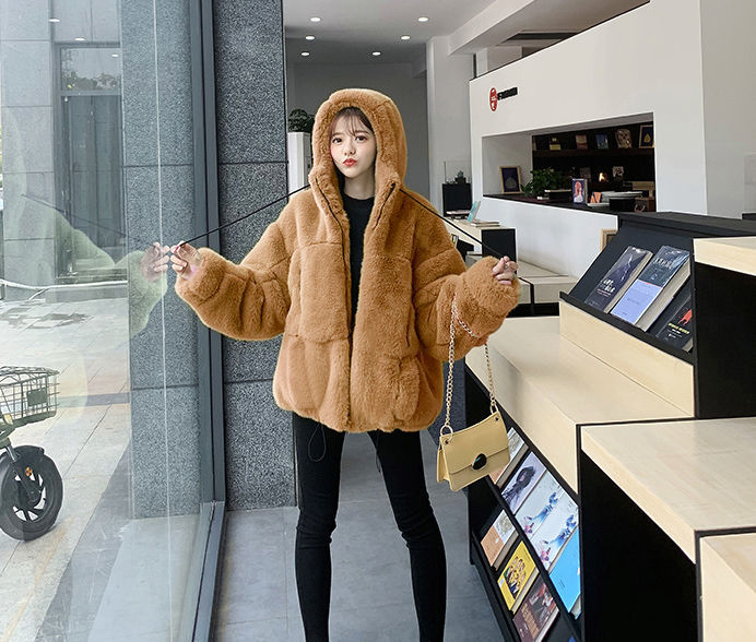 2022 Autumn and Winter New Imitation Fur Coat Women's Imitation Rex Rabbit Fur Hooded Plush Coat Loose Warm