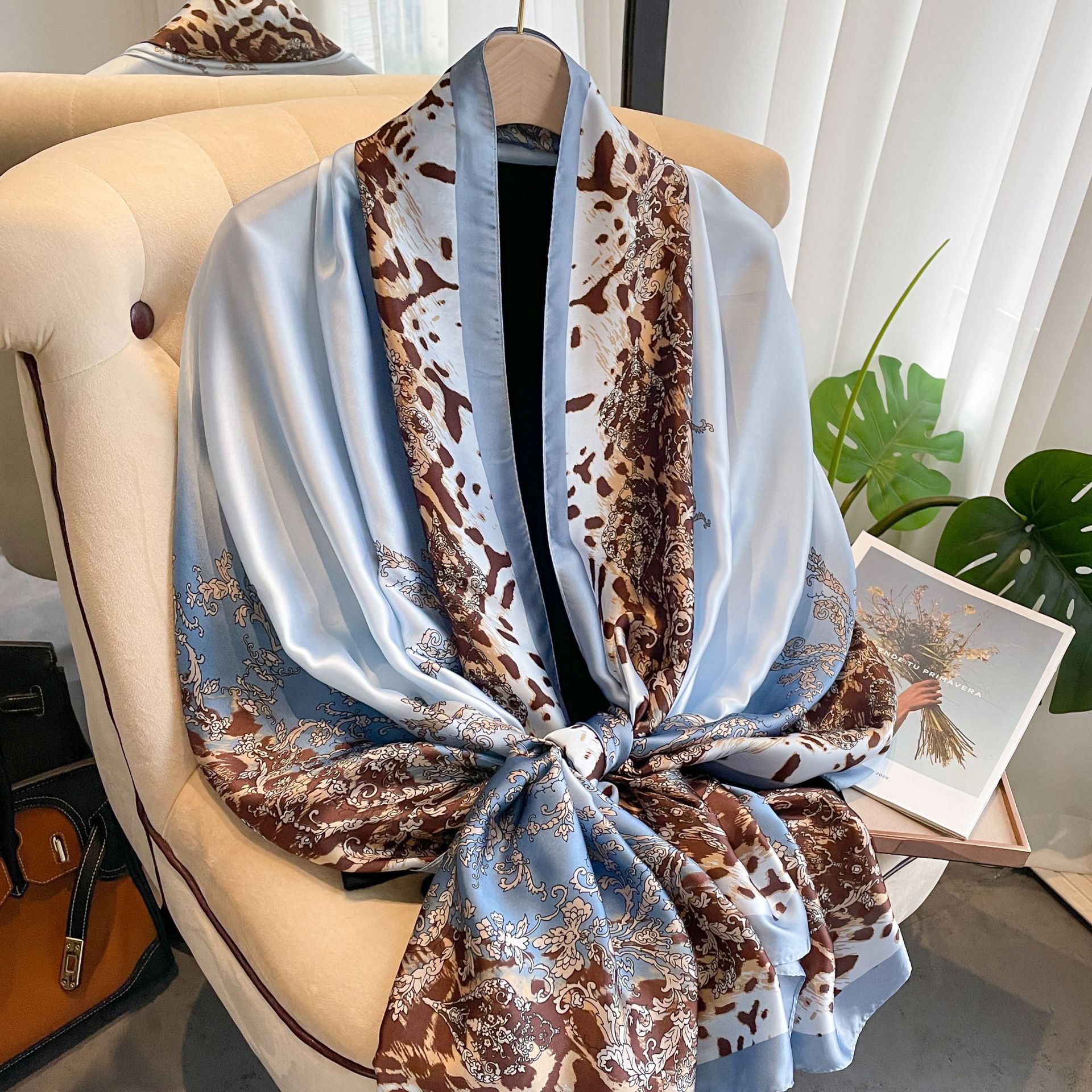 Color Block, Flower Pattern Women's Elegant Basic Color Block Flower Satin Scarf