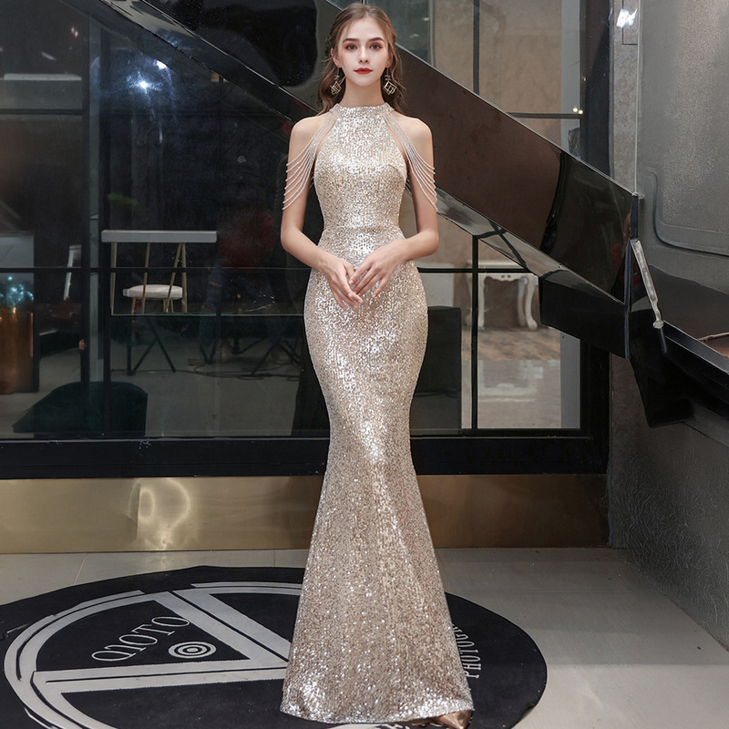 Evening dress women's banquet elegant light luxury niche high-end company annual meeting host party sequined long dress