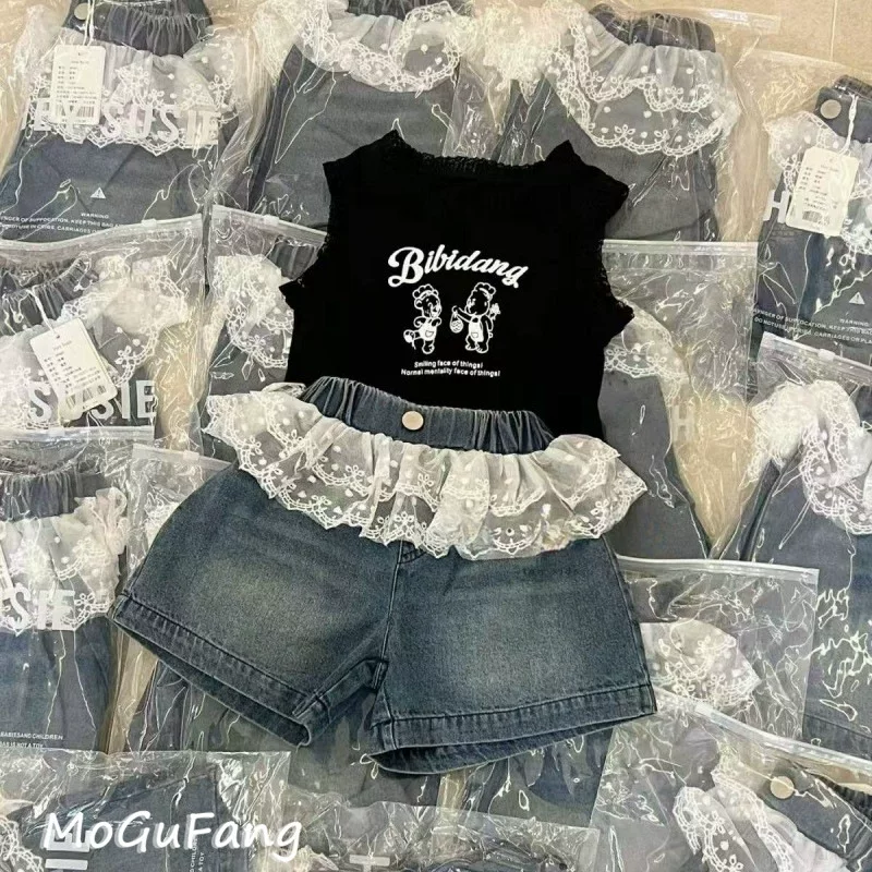 Штаны, летний мультяшный детский жилет, кружевная джинсовая юбка, шорты для девочки, западный стиль