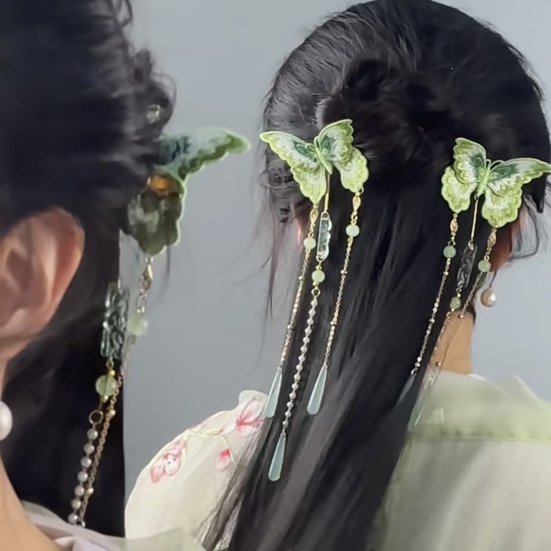 青蝶新中式刺绣蝴蝶长流苏发夹女古风发饰步摇边夹后压汉服旗袍仙|undefined