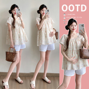 Maternity Summer New Style Fresh Sweet Square Neck Embroidered Floral Loose Doll Shirt Top