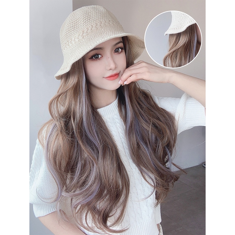 Perruque Cheveux longs bouclés Perruque chapeau de pêcheur Mèches cheveux haute température 50cm couvre la ligne des cheveux_voghion.com