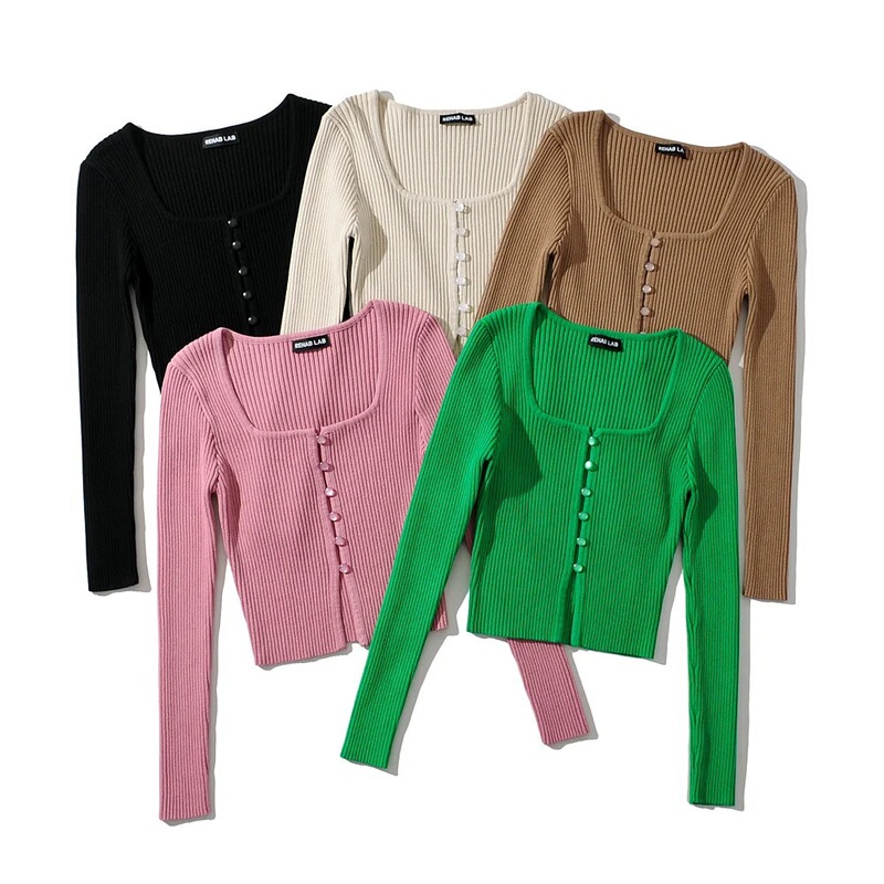 Fashion Women's 2024 Spring New Slim-fit Short Long-sleeved Knitted Cardigan Sexy Square Collar Tight Thread Base Shirt
