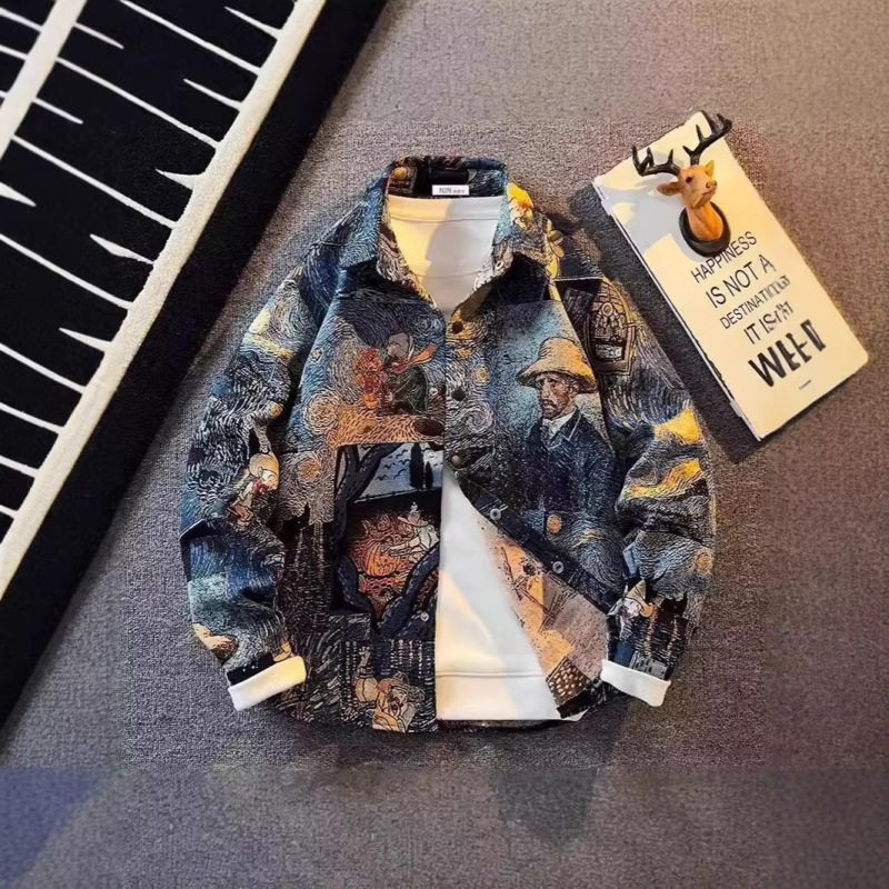 Jacket, American-Style Shirt, Trendy Brand Jacket, Artistic Design, Jacquard Van Gogh Oil Painting Shirt for Men, Casual Retro Jacket, American-Style Shirt, Trendy Brand Jacket, Artistic Design, Jacquard Van Gogh Oil Painting Shirt for Men, Casual Retro