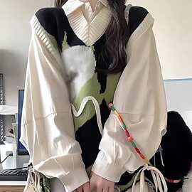 工装马甲衬衫两件套装女2024新款秋冬季小香风针织背心外穿毛衣