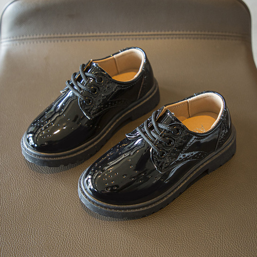 Spring and Autumn New Children's Black Small Leather Shoes Lace Up Fashionable British Style Boys' Performance Shoes Girls' Performance Shoes Soft Sole