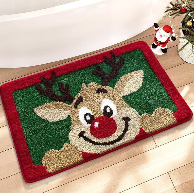跨境temu圣诞节冬季卧室装饰植绒地垫浴室吸水防滑脚垫易打理门垫