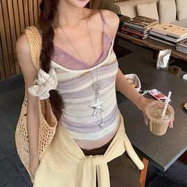 吊带背心女夏外穿2026新款露背辣妹蕾丝紫色条纹无袖上衣女