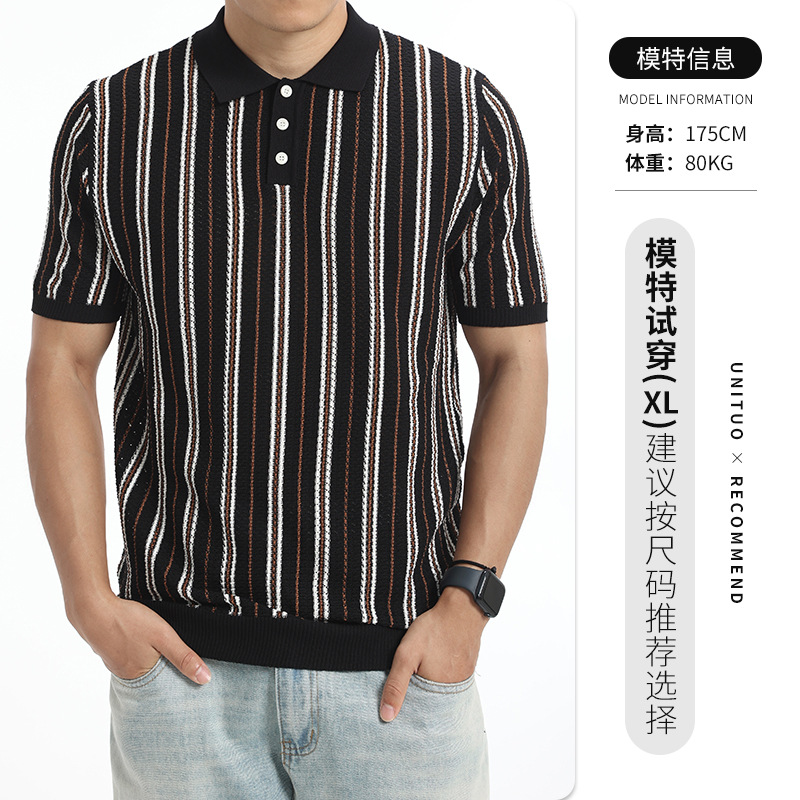 Hombres de alto nivel de negocios casuales hielo rayas polo camisa de verano agujerado de punto con solapa de manga corta chaqueta transpirable