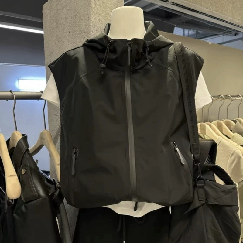 Новый нишевый функциональный жилет без рукавов, однотонный, с капюшоном, свободный, универсальный, рабочая одежда, жилет, куртка для женщин