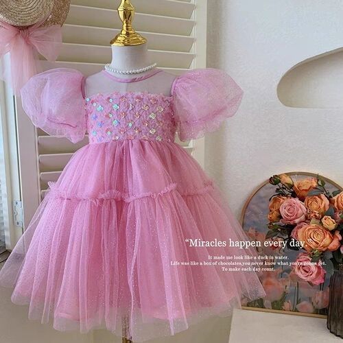 Girls' Dress Summer 2024 New Style Children's Mermaid Princess Puffy Tulle Princess Skirt Western Style Girls' Short Sleeve Dress