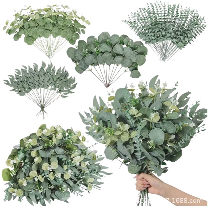 Simulación transfronteriza de plantas verdes, hojas de dinero, plantas artificiales, hojas de eucalia, adornos de hojas, decoración de plantas verdes falsas al por mayor.