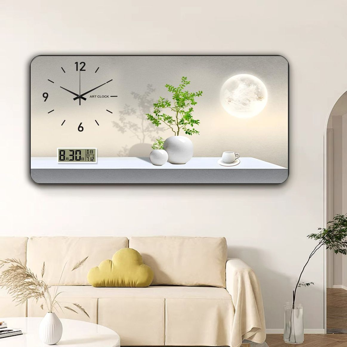 Plantas verdes frescas, reloj de pared, pintura decorativa creativa, calendario perpetuo, reloj electrónico, reloj de sala de estar, pintura de reloj de estilo crema fresca