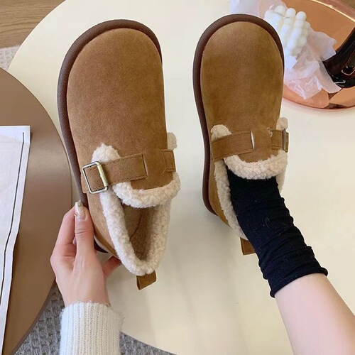 Wool-lined warm retro flat fuzzy shoes for women, outdoor wear casual shoes for autumn and winter, soft bottom comfortable moccasin shoes