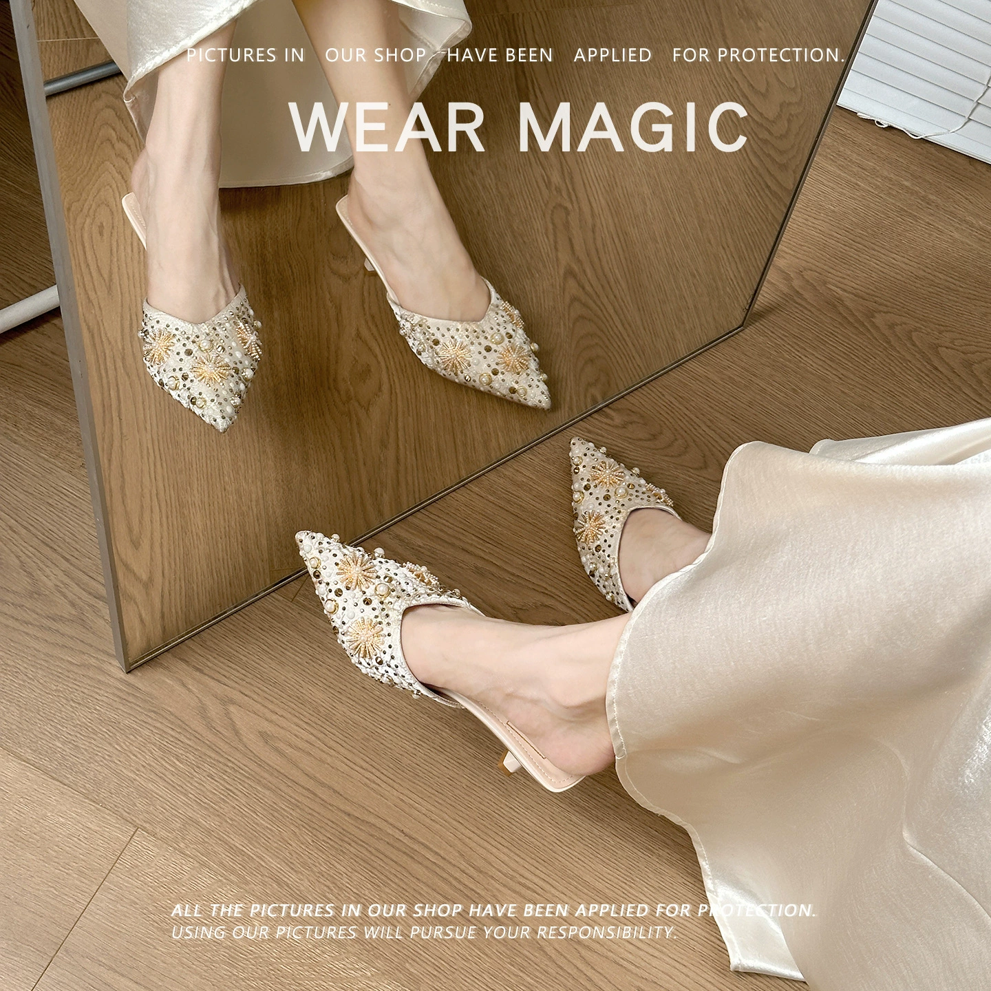 Женские полусандалии 6066-36 Баотоу, новая модель, с камнями, на высоком каблуке, с бантом, заостренный носок.