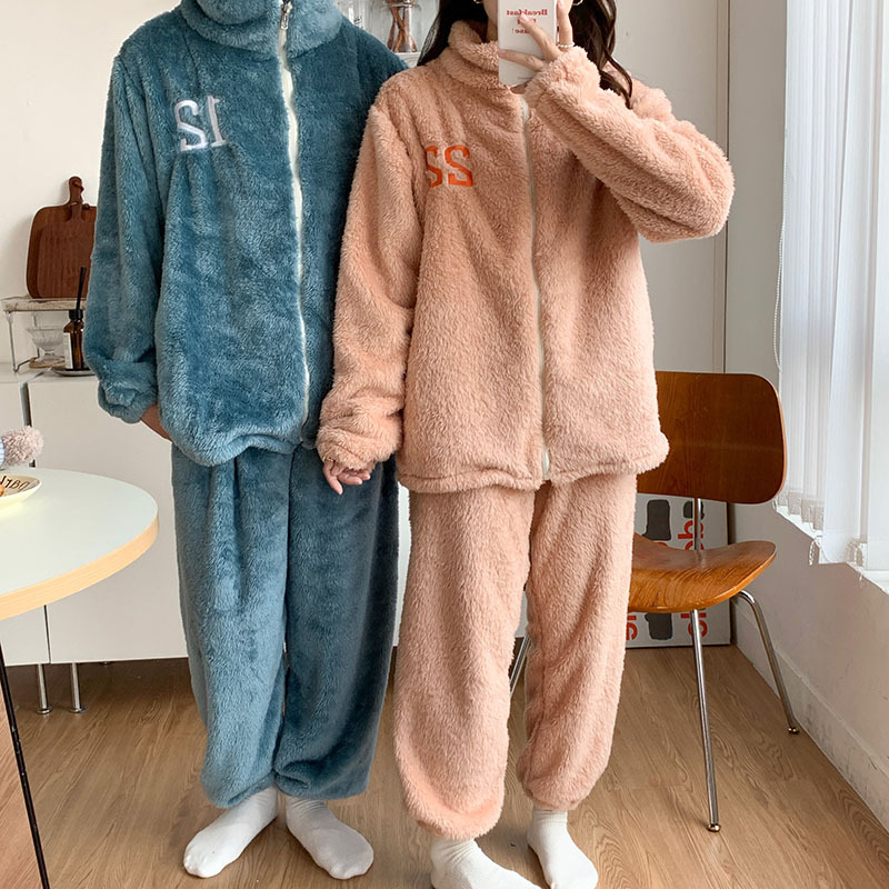 Pajamas de pareja de invierno mujeres coral terciopelo grueso de terciopelo hombre invierno calentamiento de franela invierno conjunto de ropa para el hogar