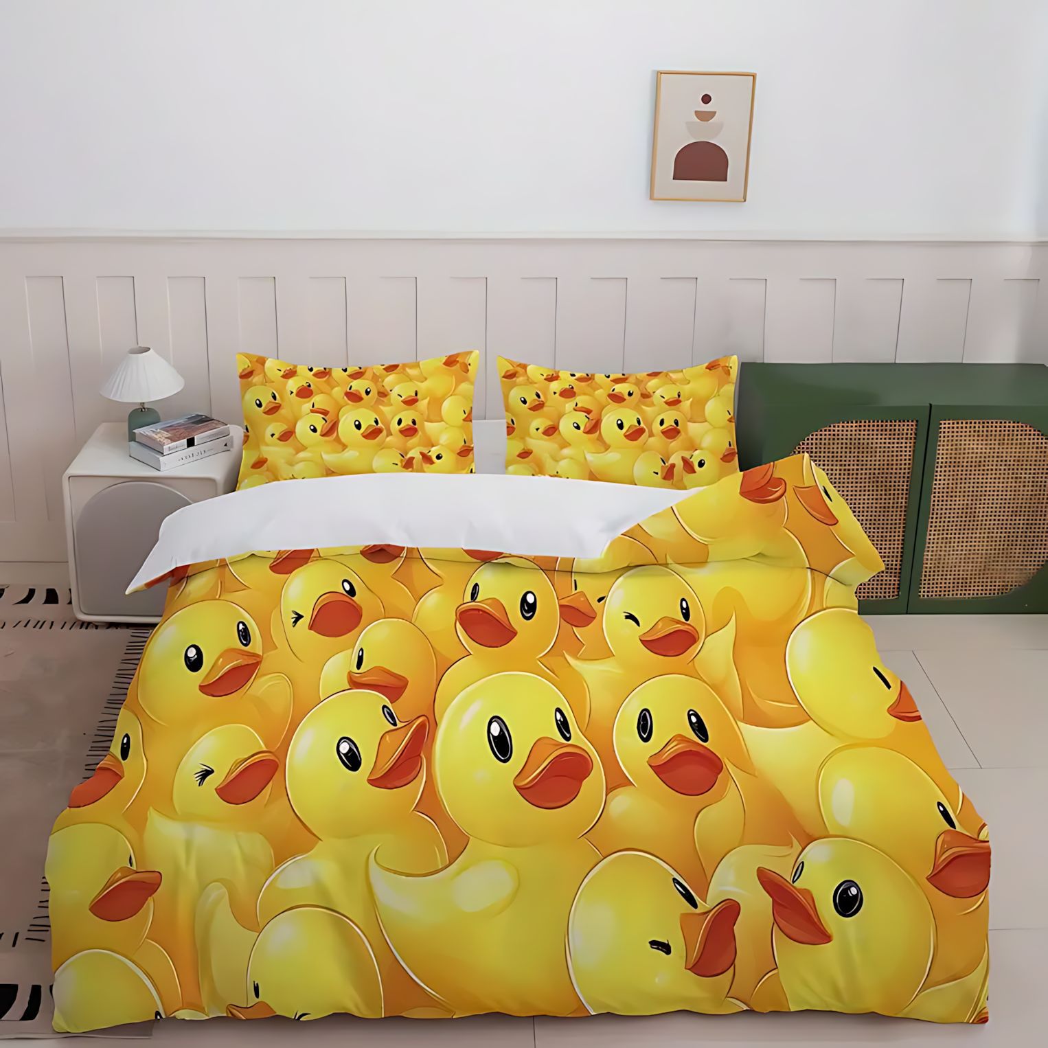 TEMU / JIT comercio exterior impresión digital 3D patito amarillo patrón de pelo abrasivo colcha de cama set