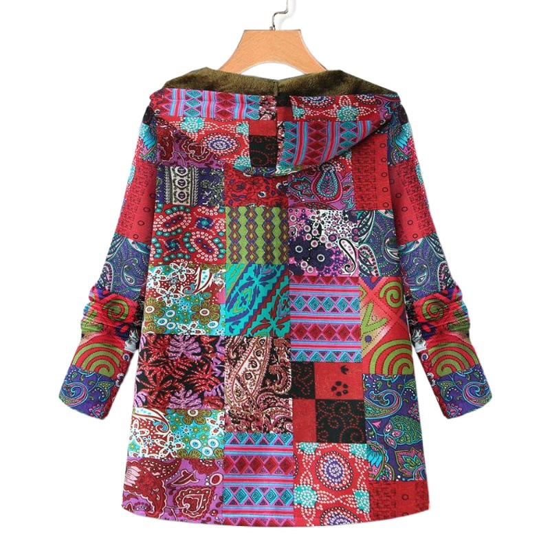 Autumn and Winter new cotton and linen coat women's retro warm printed pocket thickened zipper hooded overcoat jacket