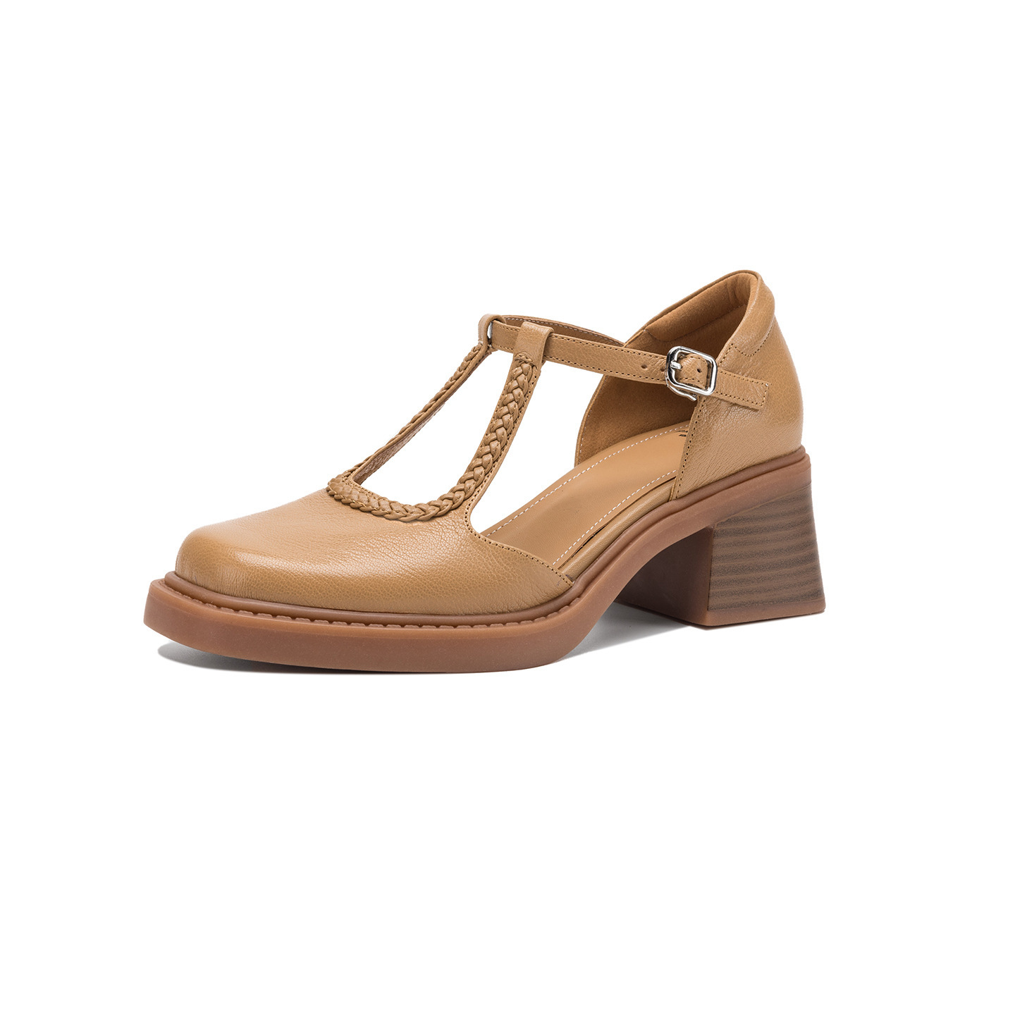 Sandal cao gót nữ mũi vuông quai chữ T đế dày — màu trắng ngà chi tiết 23
