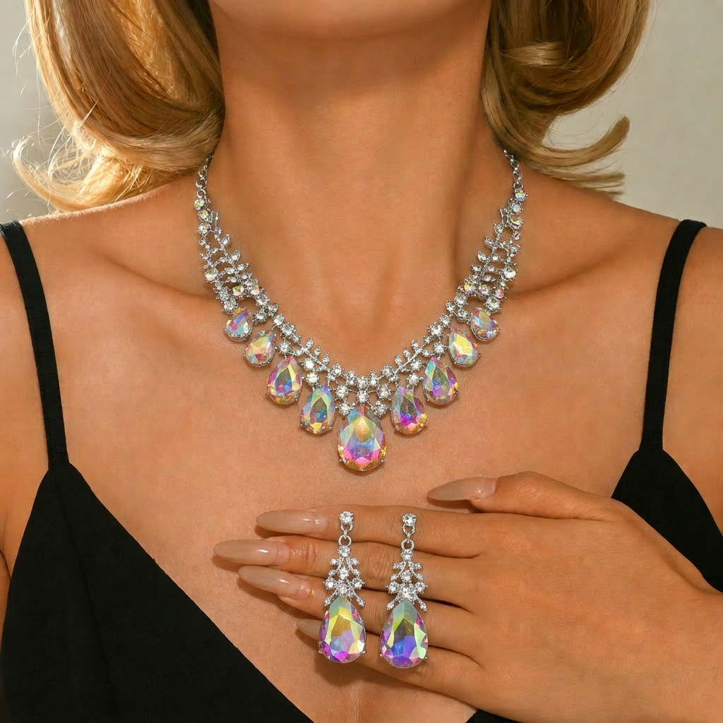 Conjunto de pendientes de collar exagerado retro europeo y americano, cadena de clavícula de gema de cristal, conjunto de joyería de dos piezas para mujer, accesorios de moda