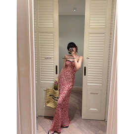微醺朗姆 ***蕾丝撞色碎花吊带长款连衣裙女夏修身显瘦裙子