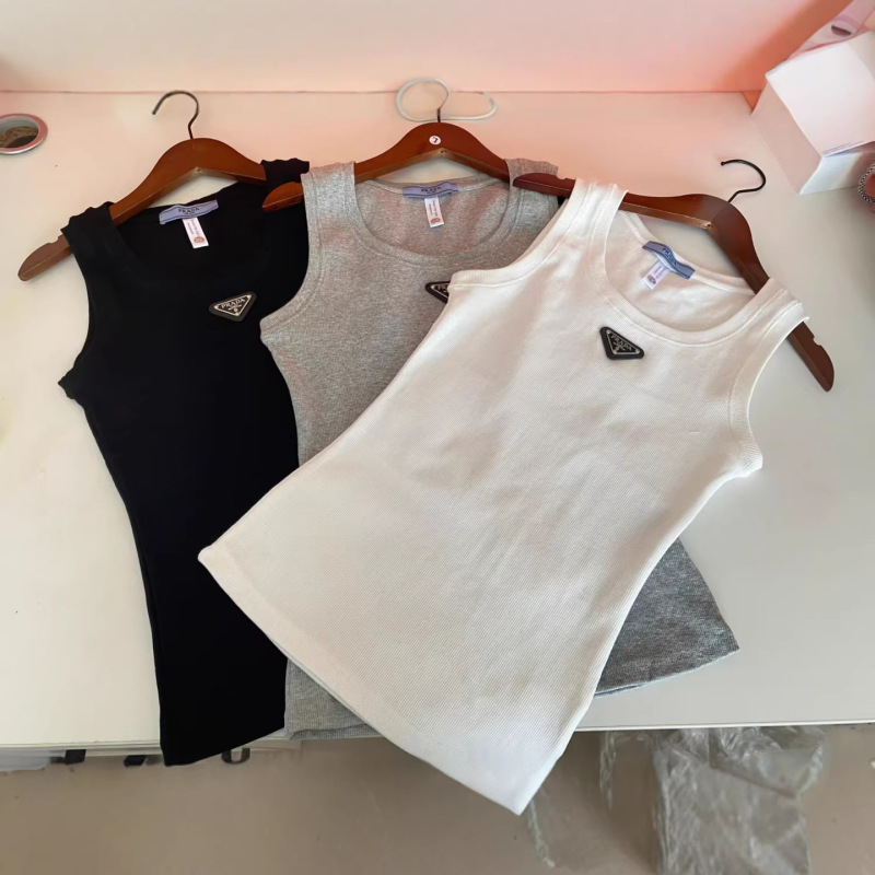 Cross-Border Summer Pure Cotton Knit Solid Color Sleeveless Camisole with Prda Metal Triangle Logo Versatile Slim-Fit Base Tank Top