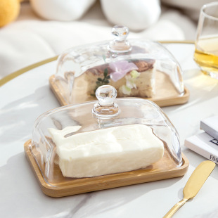 Creative Square Glass Cover Cake Plate Butter Plate Dim Sum Cheese Plate Dessert Display Box Trial Plate Bamboo and Wood