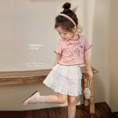 Children's Summer T-shirt 2025, Cute Girls' Short Sleeve T-shirt with Mushroom Edge, Fashionable Printed T-shirt for Kids