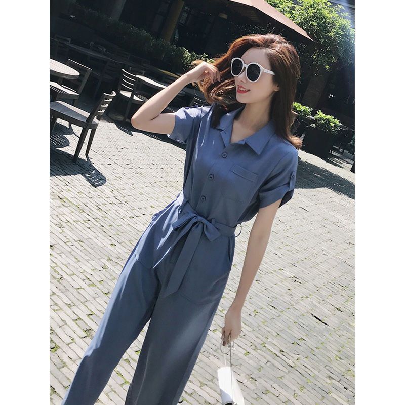 蓝色连体裤女夏2026年新款韩版宽松显瘦阔腿裤时尚高腰绑带连衣裤