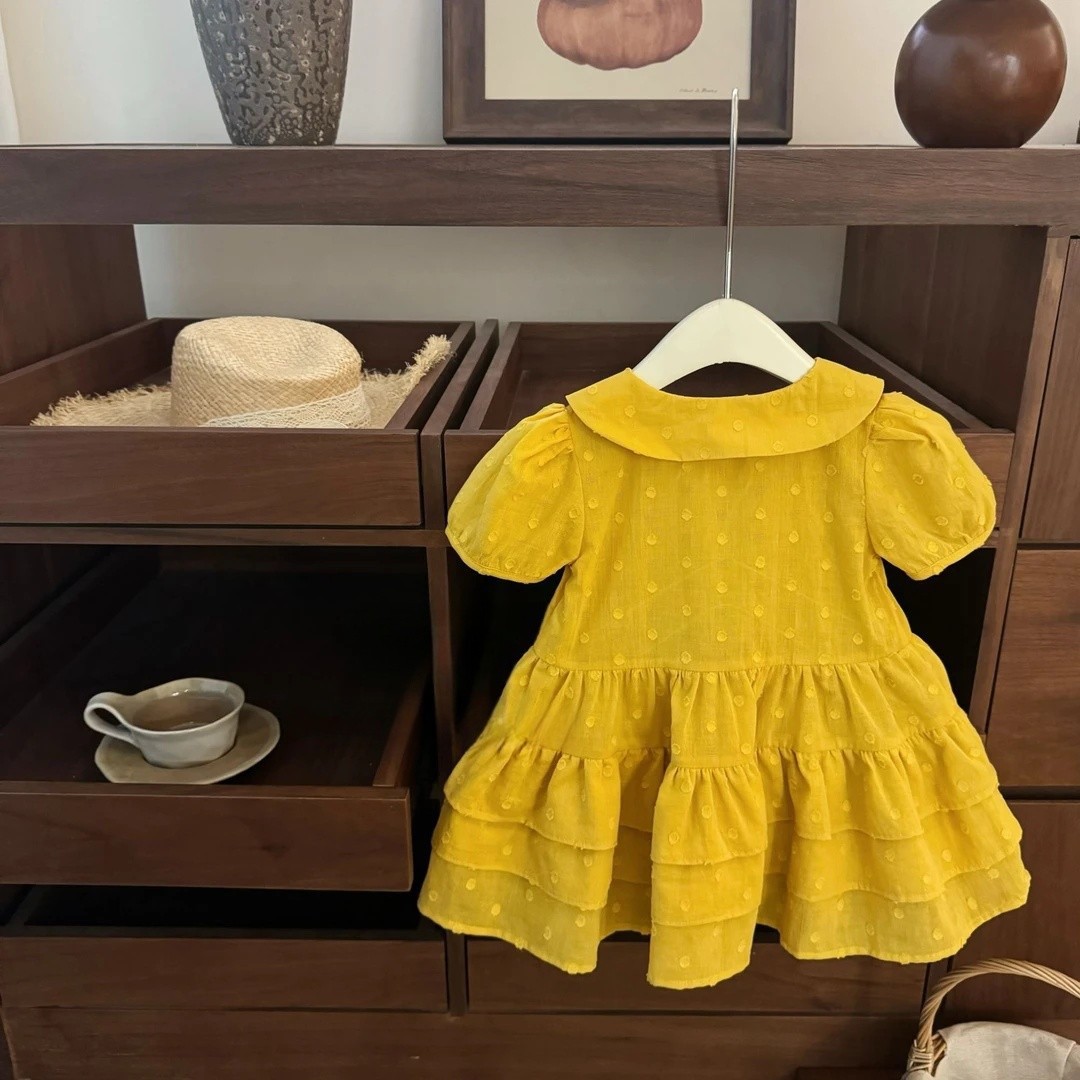 [Xianning Seven] ¡Súper blanco! Vestido de princesa de pastel de jacquard de lunares amarillos de estilo universitario dulce de bebé coreano