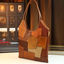 秋冬新款复古拼接美拉德系列女包手提腋下包大容量方形包牛皮随机